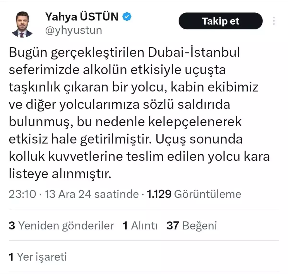 THY Uçağında Sarhoş Yolcu Krizi